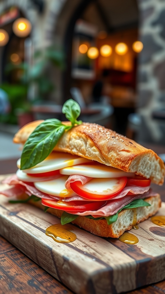 Neapolitan sandwich with mozzarella, tomatoes, and salami on a wooden board.